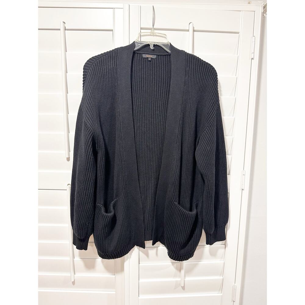Quince 100% Organic Cotton Oversized Ribbed Open Cardigan Sweater Black Medium